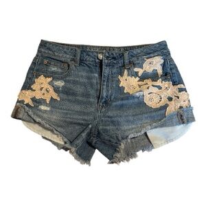 American Eagle Embroidered Floral Patch Distressed Denim Shorts - Size 10